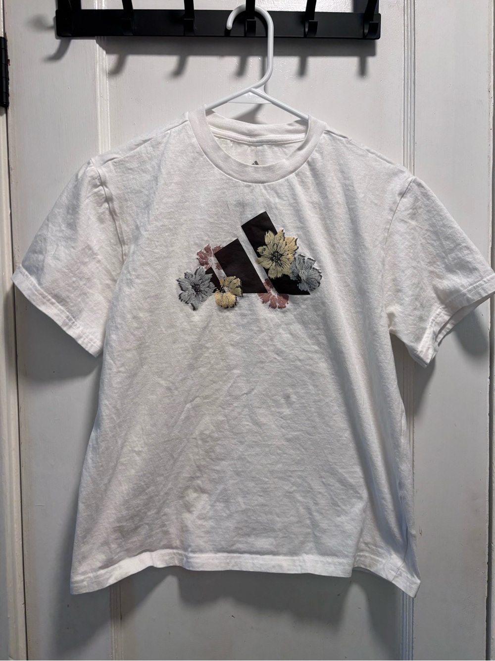 adidas White Tee with Small Black Trefoil Print